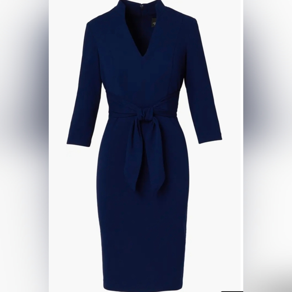 Adrianna Papell Navy, Tie-Waist 3/4 Sleeve, Midi, Sheath Dress Size 14 - Picture 4 of 15